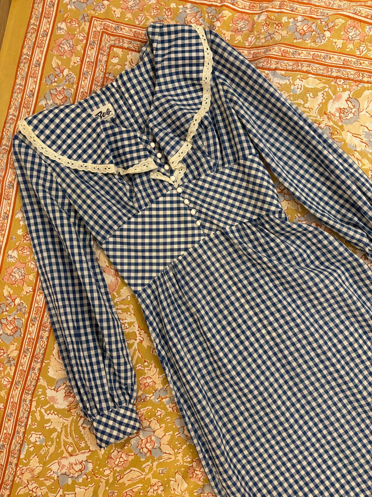 70s Blue Gingham Maxi Dress