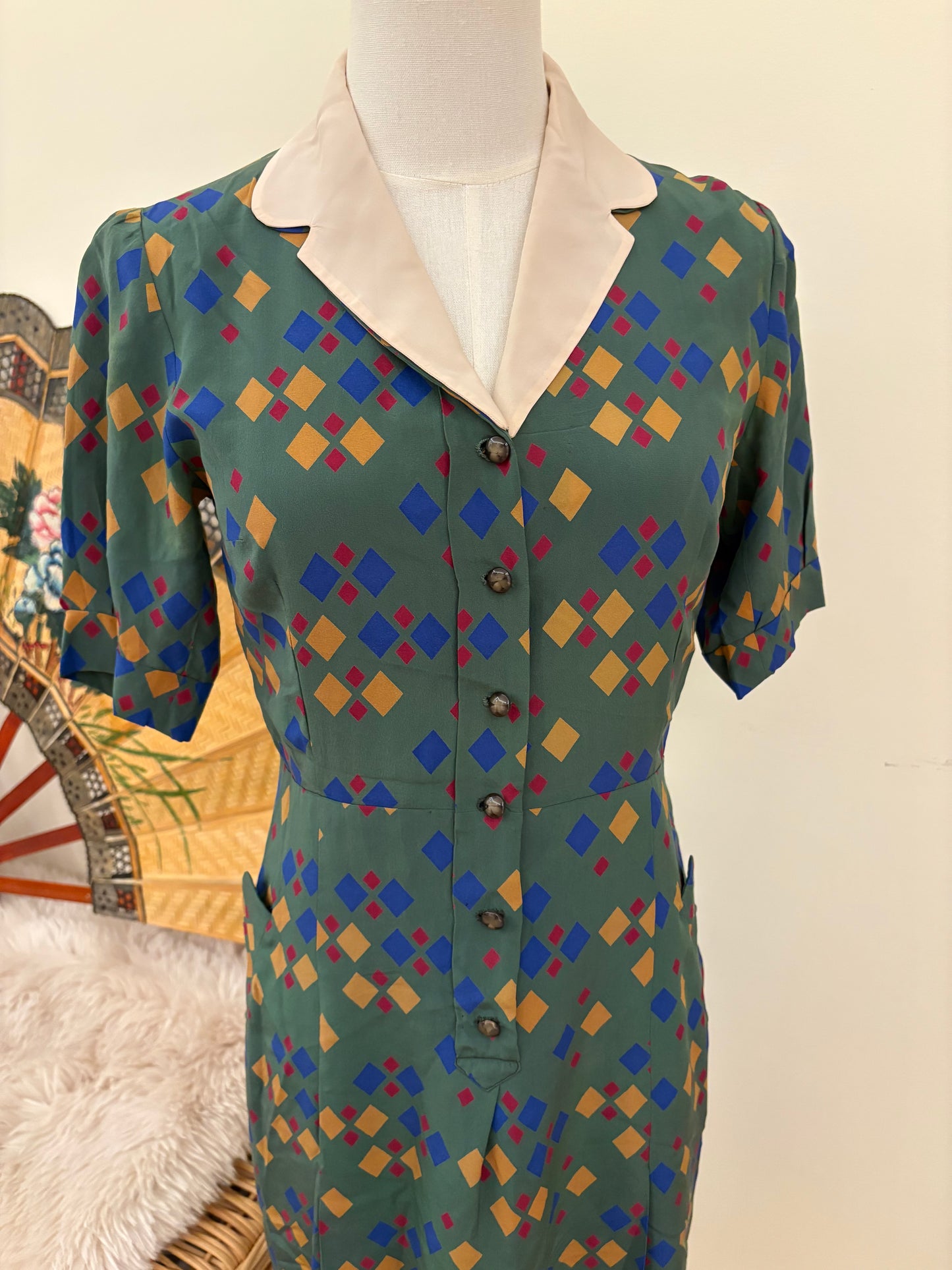 1940s Diamond Print Silk Dress