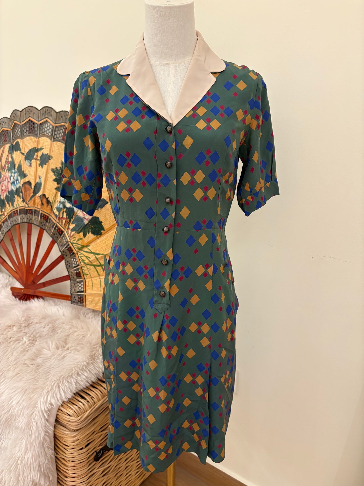 1940s Diamond Print Silk Dress