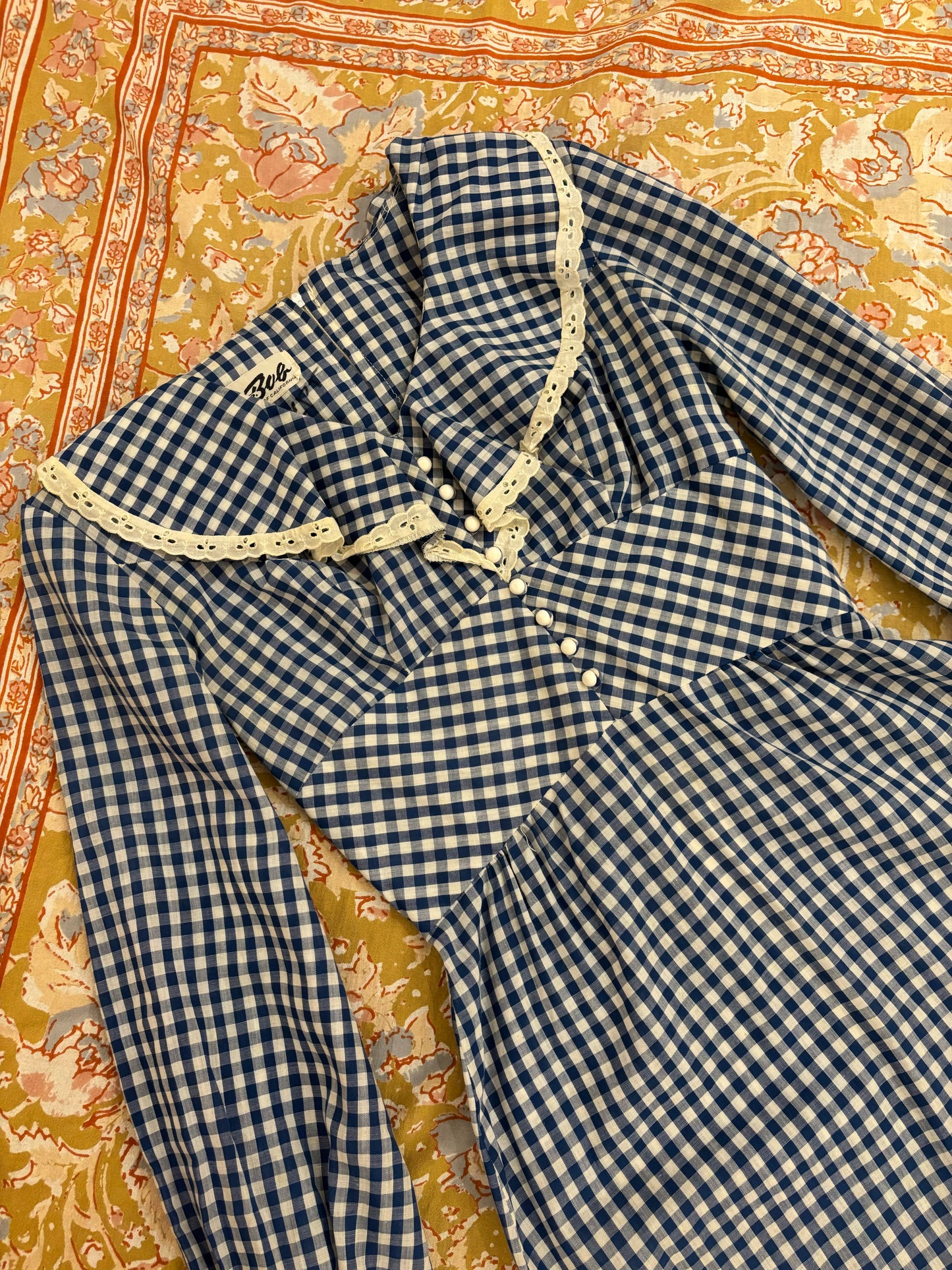 70s Blue Gingham Maxi Dress