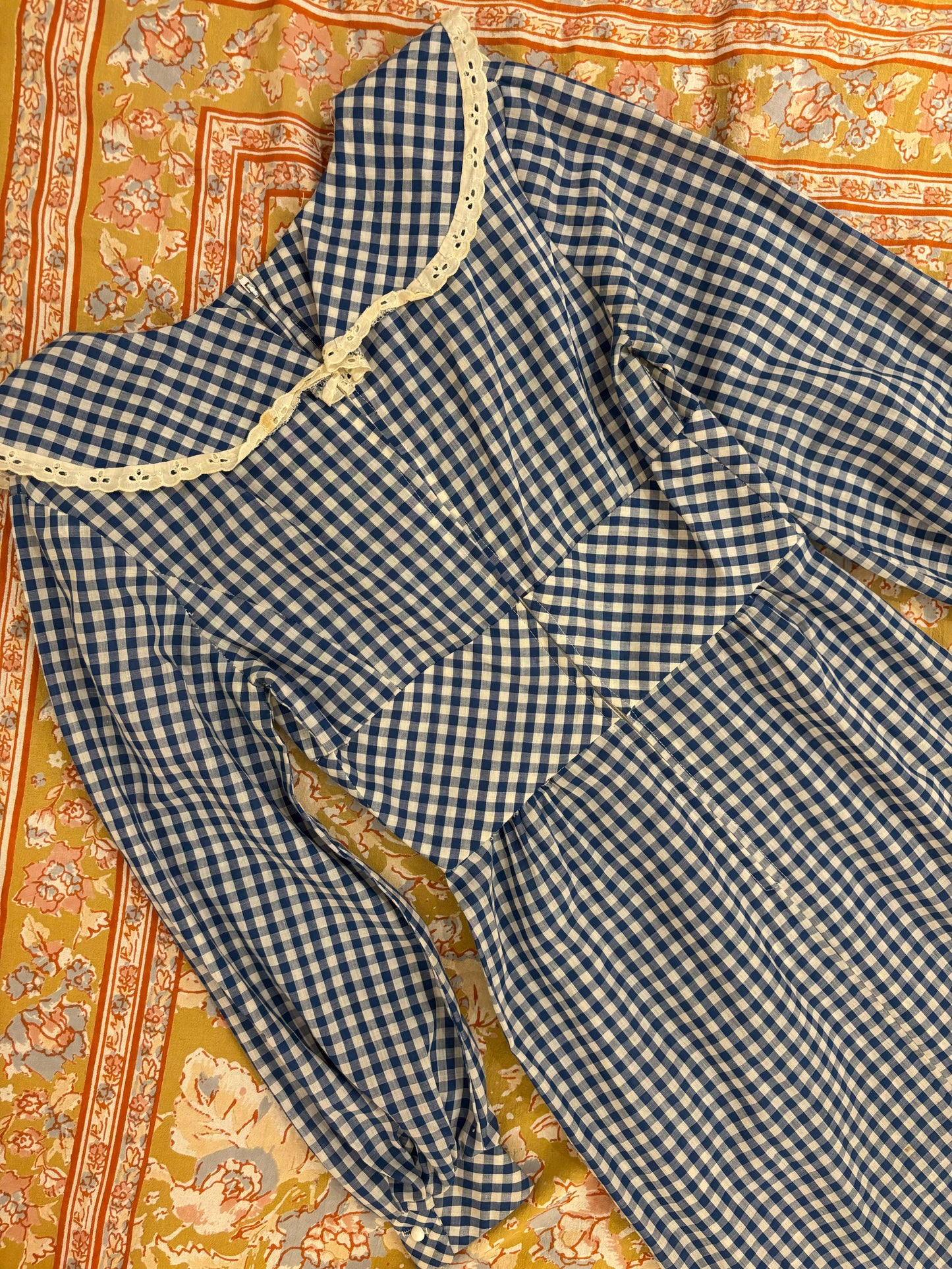 70s Blue Gingham Maxi Dress