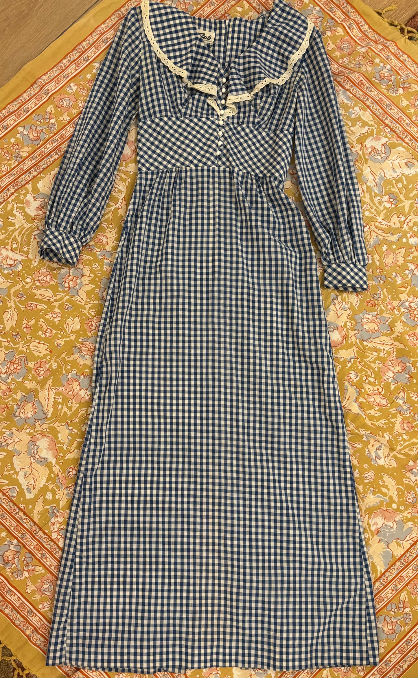 70s Blue Gingham Maxi Dress