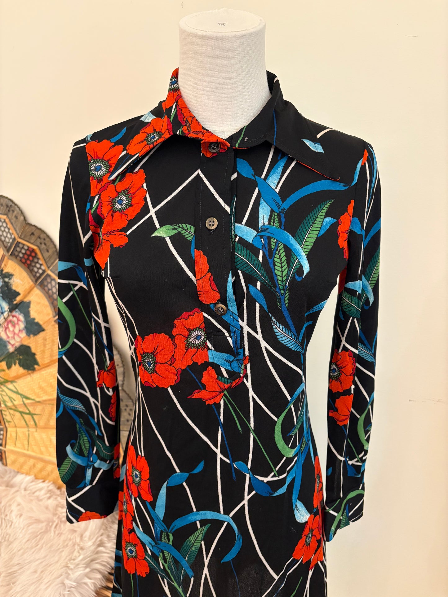 1970s Midnight Poppy Dress