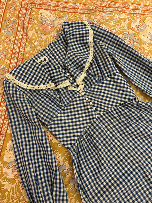 70s Blue Gingham Maxi Dress